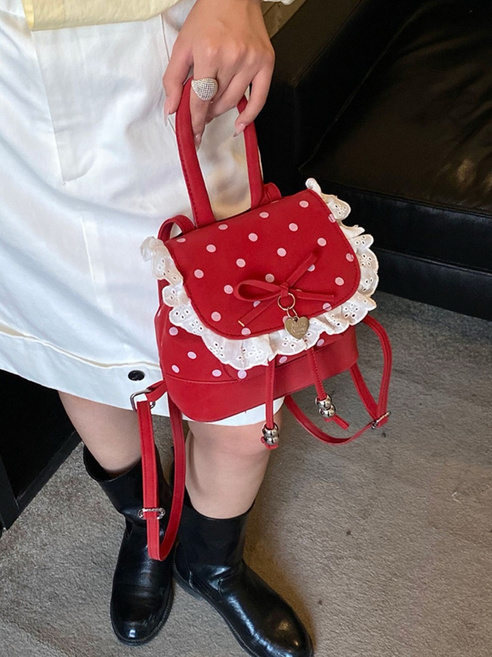 Polka Dot Lace Trim Backpack Bag